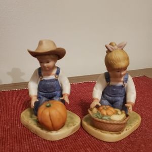 Homco Denim Days Vintage 1985 Porcelain Figurine Harvest Helpers #1518